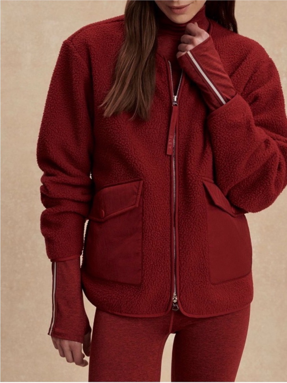 Varley Marine Collarless Fleece Red Teddy Zip Jacket, New with tags